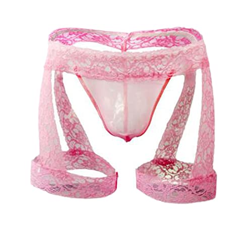 Men's Lace Sissy Pouch Panties Lingerie Thongs G String with Garters T Back Underwear
