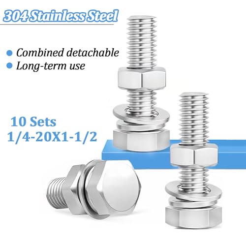 Image of 10 Sets 1 /4-20 x 1-1 /2 inch Stainless Steel Hex Head Screws Bolts, Flat, Nuts & Lock Washers,Hex Bolts 18-8(304) Full Thread