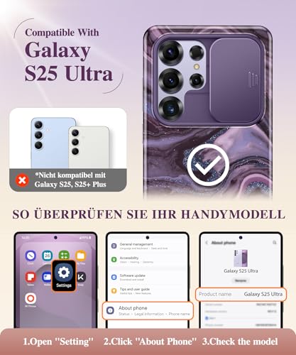 Image of GVIEWIN for Samsung Galaxy S25 Ultra Case, [Slide Camera Cover & Built-in HD Screen Protector] [2 Front Frames] Shockproof Military Grade Protective Marble Phone Case for S25 Ultra 6.9 inch (Quicksand)