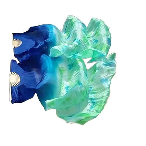 SVPMECN Silk Belly Dance Fan Women Handmade Silk Long Belly Dance Fan Veils 1 Pair (Left+Right) Belly Dancing Long Folding Fans for Dance Performance Art Performance (Colorful Blue)