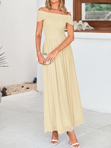 Image of MASCOMODA Women Off The Shoulder Mesh Maxi Dress Bodycon Ruched Formal Sleeveless Pleated Cocktail Wedding Guest Long Dresses