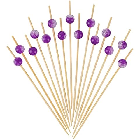 Minisland Amethyst Purple Pearl Cocktail Picks, 4.7 Inch Long Bamboo Fancy Toothpicks for Appetizers, Decorative Bridal Wedding Party Food Drinks Garnish Fruit Kabob Skewer Sticks 100 Counts - MSL418 Cover