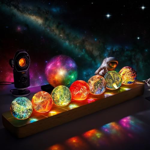 vskikris 40mm Crystal Quartz Stones 7 Chakra Natural Healing Spheres with LED Wooden Stand for Meditation Positive Energy Night Light Decoration Balls Set for Home