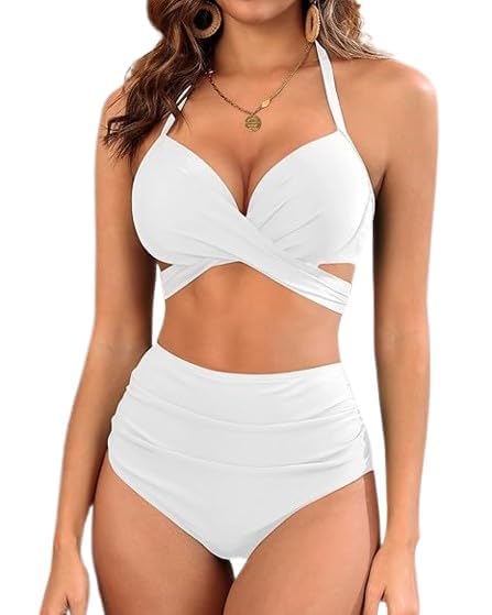 Women's White High Waisted Bikini Set, Halter Neck Push-Up Swimsuit, Two Piece Swimwear with Tummy Control Bottom, Beachwear for Women-picture-55