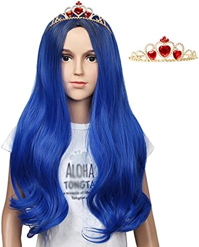 Kids Long Wavy Cosplay Wig with Crown for Halloween Costumes and Party (Dark Root Blue)