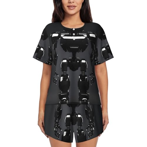 Pyjama deux pièces robot noir femme contre la chaleur nocturne ensemble short et top doux