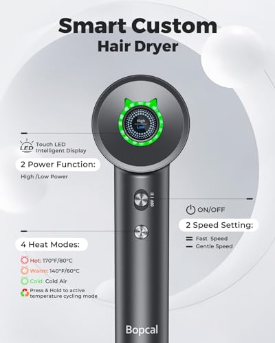 Image of Bopcal Ionic Hair Dryer, 160000 RPM Brushless Motor, Smart Thermo-Control, Negative Ion Fast Drying, Quiet Lightweight Blow Dryer, Cold Air & 4 Heat Settings, for Home Travel Salon (Black)