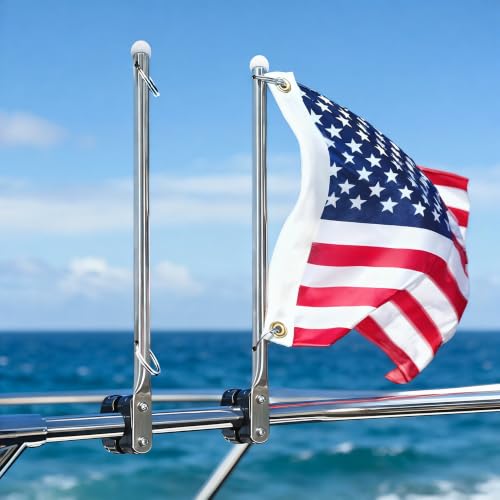Pebbly Beach 2 PCS Boat Flag Pole Kit Universal with Small American Flag Stainless Steel Clamp on Boat Flag Pole Kits Rail Mount Without Drilling Fag Pole for Boat Yachts Ships Pontoon RV