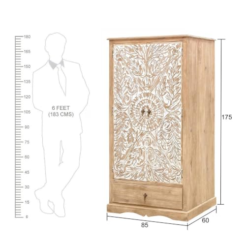 Image of The Attic Jodhpur Carving Wardrobe, Solid Wood Multiple Utility Storage, Cupboard Organiser, Clothes Organizer, Wardrobe for Clothes Wooden, almirah for Clothes Wooden, Natural + White Matte Finish