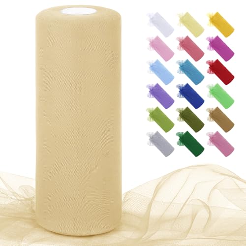 Uiopa Rouleau de Tulle Beige 30cm x 91m Tulle Mariage Polyester Maille Tissu Ruban Mariage pour Tutu Jupe, Emballage Cadeau, Deco Chaise, Deco Fête, Artisanat