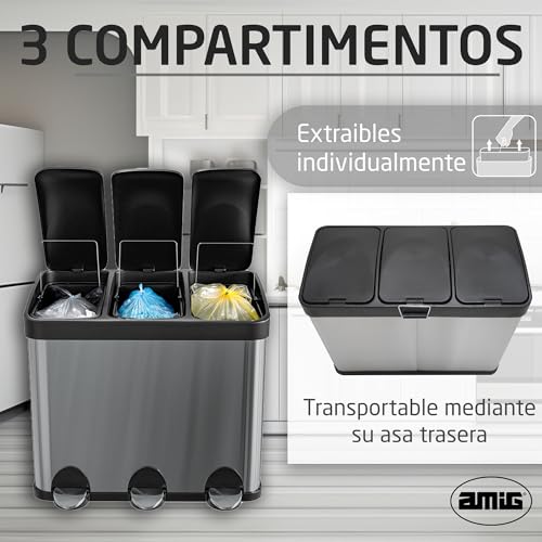 Miniatura 5 de Amig - Cubo De Basura Triple Con Pedales 45 Litros Mod. Recik3-3 Compartimentos Extraíbles De 15 Litros - Cubo De Reciclaje Para Cocina - Acero Inoxidable - 60 X 37 X 49 Cm - Plateado