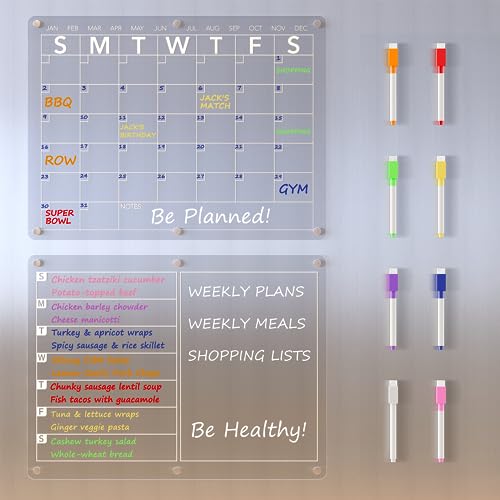 Image of Neatsure Acrylic Magnetic Dry Erase Board Calendar for Fridge, Clear Monthly and Weekly Meal Planner Whiteboard Refrigerator, Menu Board for Kitchen, w/ 8 Colors Markers, 15"x11"