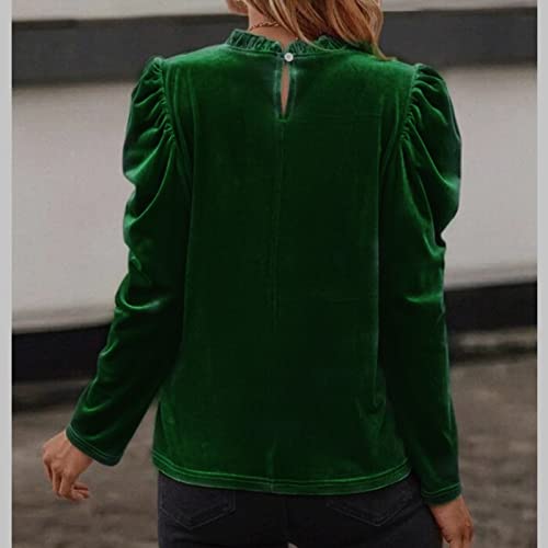 Women Mock Neck Puff Sleeve Velet Blouse Frilled Work Office Solid Top3
