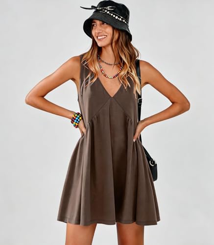 Image of Womens Babydoll Dress Summer Sleeveless Mini Dress Casual Loose V Neck Swing Flowy Beach Sundresses with Pockets