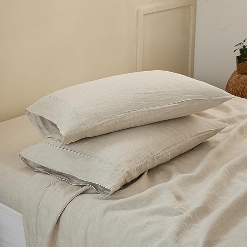 King Linens 100% French Linen Pillowcases with Embroidery - Pack of 2 - Washed Solid Color Natural Flax Soft Breathable - Linen, 20'' x 30''