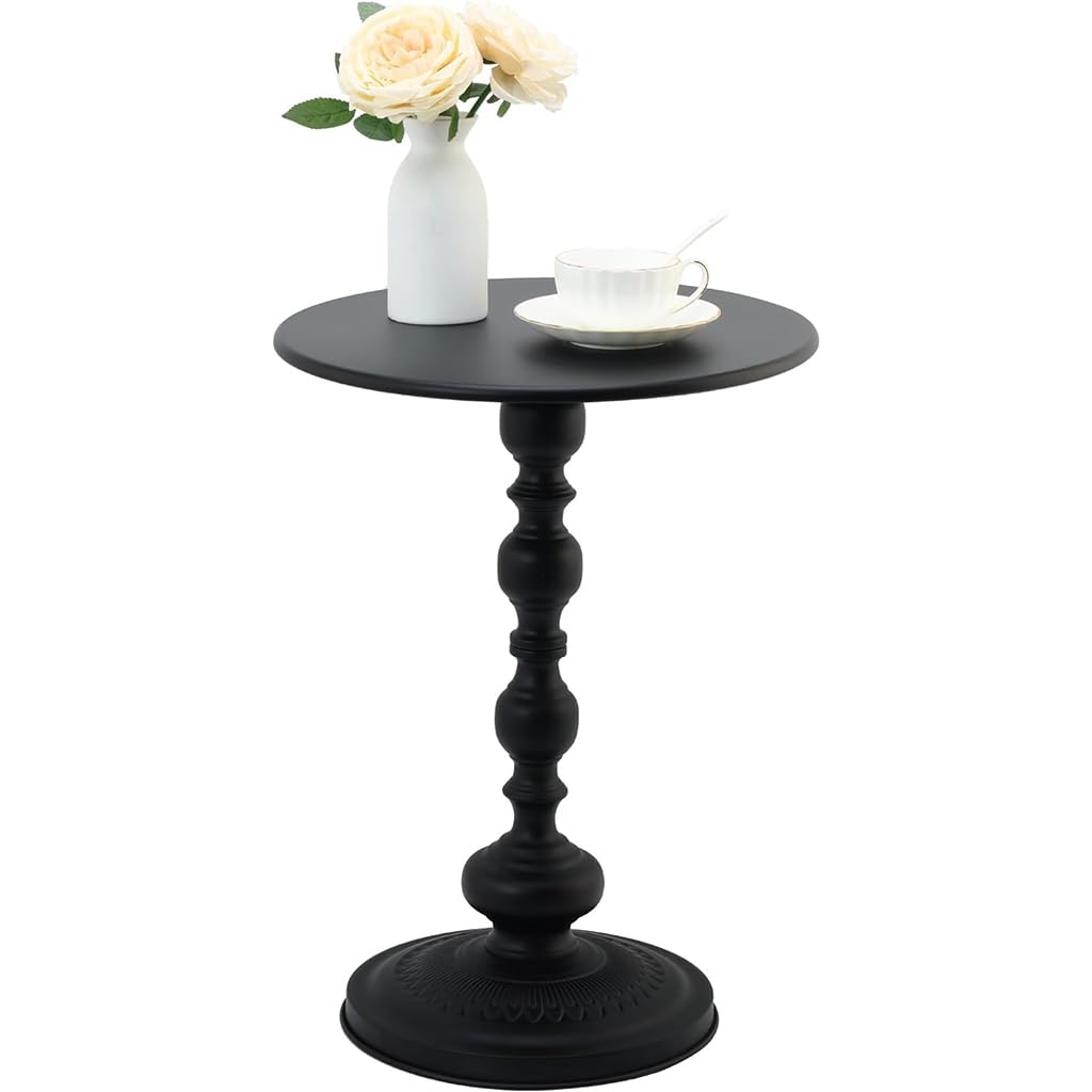 TisTik Black Round End Table, Living Room Vintage Sofa Side Table with Metal Pedestal Orbicular Accent Table Bedroom Small Night Stand for Game & Recreation Room Small Bar Pub Table, Easy Assembly,Bl