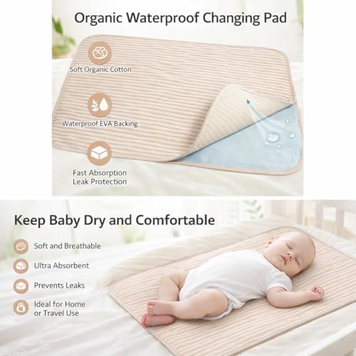 Almohadilla Impermeable para Cuna 50x70 cm, Algodón Orgánico, Lavable, Cambiador de Pañales para Bebé, Rayas de Café