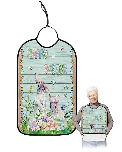Spring Easter Adult Bibs for Eating, Waterproof Bibs with Food Catcher & Adjustable Snap Closure, Bunny Colorful Eggs Flower Easter Basket Retro Wood Clothing Protectors Adult Bibs for Elderly