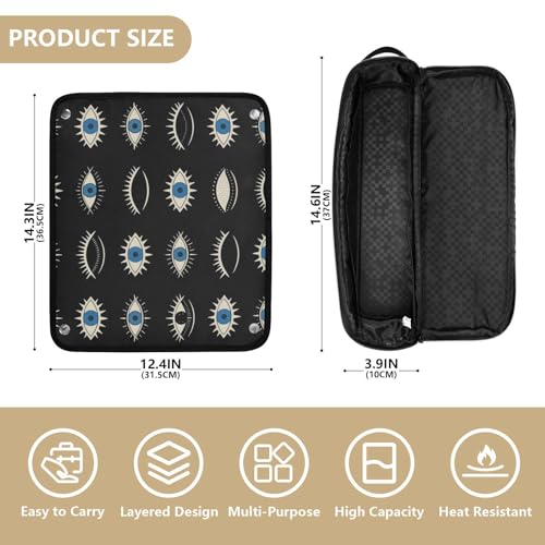 Bolsa de viaje para herramientas de cabello para mujeres con tapete resistente al calor y soporte para planchas y rizadores, diseño azul con patrón de ojo maligno negro miniatura 4