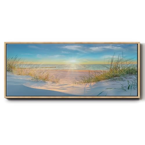 Renditions Gallery Abstract Wall Art Paintings Golden Hour at the Beach Floater Frame Nature Prints for Bedroom Kitchen Office Decor - 12"x30" Natural Frame LT619