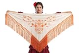 Genérico Mantón Triangular Bordado a una cara 150x75cm - Pañuelo de Pico con Flecos para flamenco o sevillanas. Eventos y Fiesta (Beige bordado y fleco naranja)
