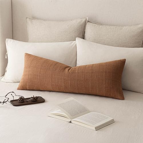 Image of Foindtower Set of 1 Decorative Linen Check Throw Pillow Cover Neutral Farmhouse Lumbar Cushion Cover Soild Modern Boho Home Decor for Sofa Chair Couch Bedroom Living Room,14x36 Inch,Orange