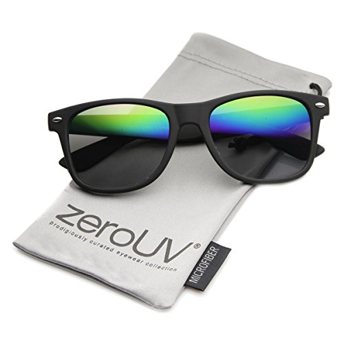 zeroUV Flat Matte Reflective Mirror Color Lens Large Horn Rimmed Style Sunglasses - UV400 (Soft Finish | Black/Rainbow)