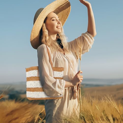 ORIGACH Large Striped Woven Straw Bag, Summer Woven Shoulder Bag For Women Crochet Beach Handmade Bag for Vacation Holiday4