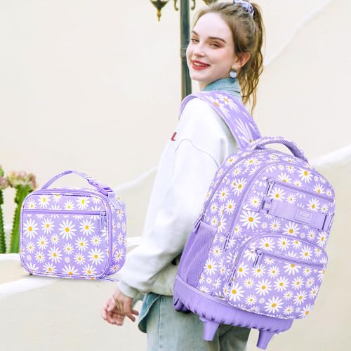 Rolling Backpack for Girls, Women Roller Wheels Bookbag, Laptop Daisy Wheeled School Bag with Wheels for Teens3