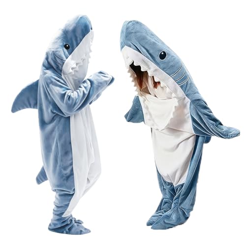 ZoneYan Manta Tiburon Adulto Cuerpo Entero, Manta Tiburon Franela Suave, Shark Blanket, Pijama Tiburon con Capucha, Manta de Dormir de Tiburó Una Pieza (Azul Claro, 190cm)