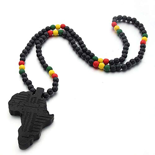 COLORFUL BLING Multicolor 8MM Wooden Bead Chain African Hip-hop Africa Map Pendant Necklace for Men Boys Natural Wood Jewelry3