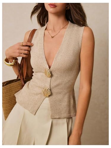 Verdusa Women's Plus Size Old Money Tie Back Sweater Vest Button Front Knit Tops4