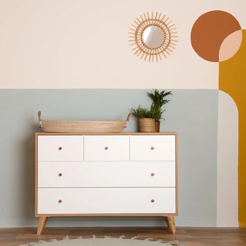 dadada Austin 5-Drawer Dresser for Nursery and Bedroom - Modern Design, Large Storage, Baby-Safe Finish, Anti-Tip Safety, Solid Wood Feet, Durable Construction (White + Red Oak)