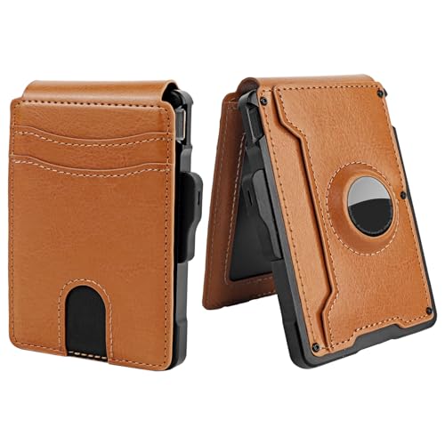 Slim AirTag Wallet for Men - Pop-Up Aluminum Case, RFID Blocking Leather Bifold with Money Clip & Card Slots, Includes Gift Box,No Airtag Included,Brown