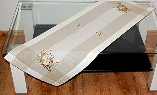 Table Runner Ecru / Beige / Colourful Embroidery "Rabbit" Linen Look (40/140), Natural Beige Mottled, Off-white, Brown, Multi-coloured - Image 2