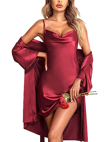 Ekouaer Damen Dessous Negligee Satin Sexy Kimono Bride Bademantel Kurz mit...