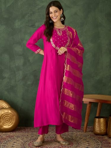 Image of Naixa Women's Chanderi Embroidered Flared Kurta with Pant and Dupatta Sets (NX-762)