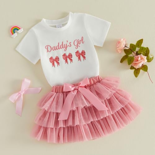 Image of Kayotuas Toddler Girl Summer Clothes Big Sister Outfit Letter Short Sleeve T-shirt Layered Tutu Skirt Set Cute Birthday Dress