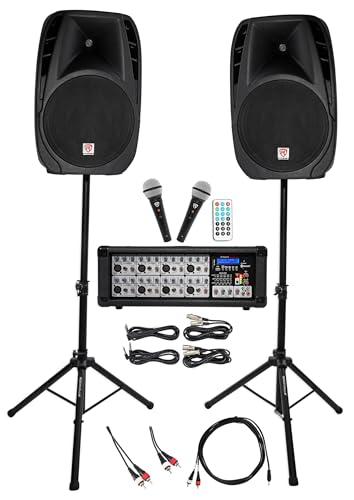 Rockville RPG2X15 Karaoke Bundle 1200W Complete PA System, Dual 15' Passive Speakers, 8-Channel Powered Mixer, YouTube Compatible
