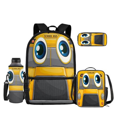 Yellow School Bus Travel Backpack for Teen Girls Boys 4 Pcs School Bag Set with Insulated Lunch Bag Pencil Case Water Bottle Holder Sleeve Casual Bookbag Shoulder Bagpack Sets