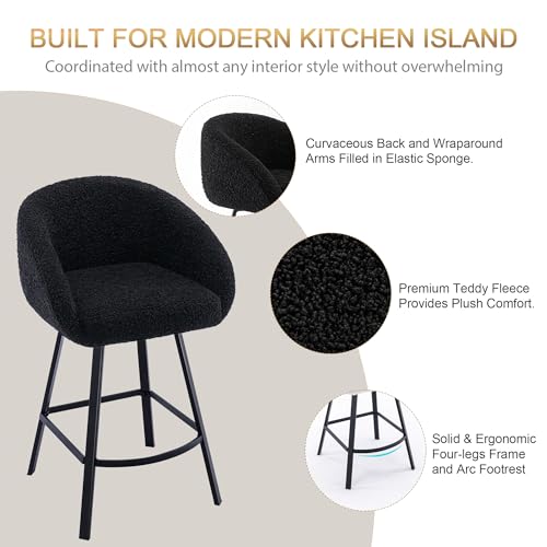 Image of Zesthouse 26'' Modern Counter Height Bar Stools Set of 3, Swivel Barstools with Arms & Backs for Kitchen Counter, Upholstered Black Sherpa Fabric Bar Stools, Kitchen Island Chairs with Metal Legs