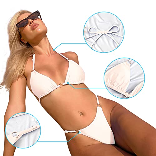 MIKETAI Sexy Bikinis for Women 2 Piece Bikini Spaghetti Strap Swimsuits Solid Color Bathing Swimwear Triangle Bathing Suit (US, Alpha, Small, Regular, Regular, White) - Image 5