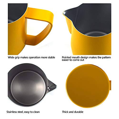 MIGHTYDUTY Stainless Steel Frothing Pitcher 12/20 oz, Milk Frothing Pitcher Jug 350 / 600ml, Espresso Steaming Pitchers for Espresso, Latte Art and Frothing Yellow 20oz - Thumbnail 6