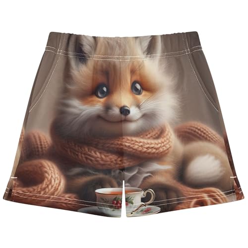 Girls Shorts Cozy Fox Tea Time Winter Print Athletic Active Sleepwear, Youth Teens Kids Summer Clothes, X-Small