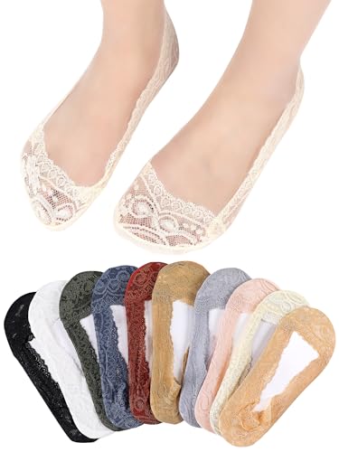10 Pairs Womens Lace Ankle Socks Non Slip Low Cut and No Show Lace Socks Sets for Loafers Flats