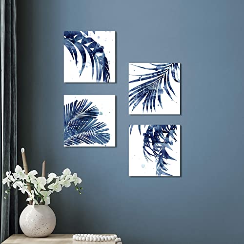 Dream Land Navy Botanical Canvas Wall Art : 4 Pieces Minimalist Modern Artwork Bedroom Blue Watercolor Botanical Prints Abstract Palm Leavse Pictures Tropical Plant Leaf Painting #TOP3