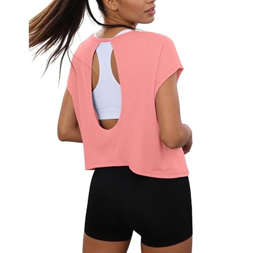 Totatuit Womens Open Back Workout Tops Oversized Crop Gym Shirts Loose Fit Short Sleeve Athletic Tee for Running Yoga Dark Pink Small