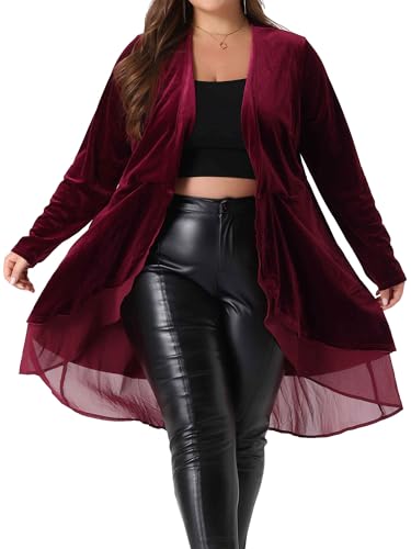 Image of Agnes Orinda Women Plus Size Ruffled Asymmetric Long Velvet Cardigan Jacket