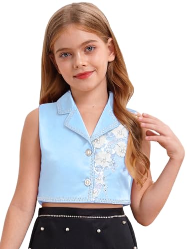 Sywiyi Girls Formal Suit Vest Crop Tops Lapel Button Down Flower Waistcoat Outerwear Jacket Dress Coat