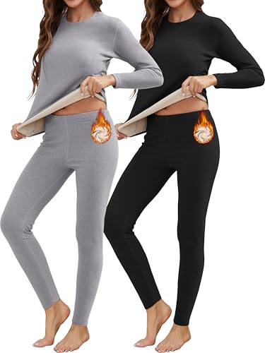 HeliosCloak 2 Sets Thermal Underwear for Women Long Johns With Double-Sided Fleece Lined Long Sleeve Top & Bottom Base Layer Cold Weather Black/Grey M